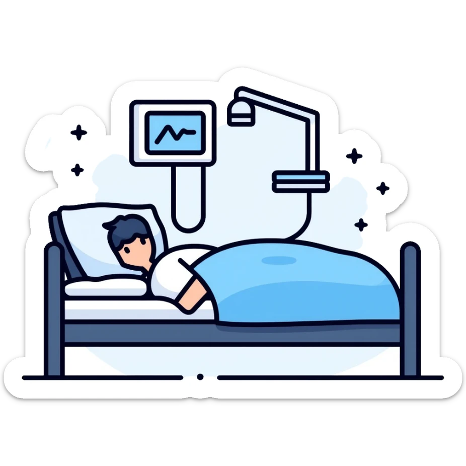 Sleep laboratory icon with bed, brain wave monitor, and sleep measurement equipment sticker