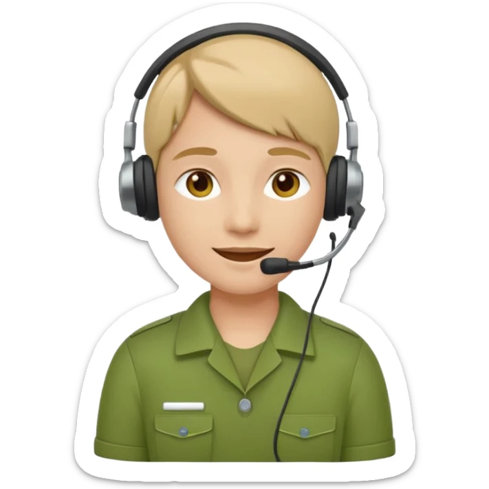 Modern flat emoji of a call center employee in a green uniform with a headset, friendly expression, minimalist design, bright colors, white or transparent background. sticker