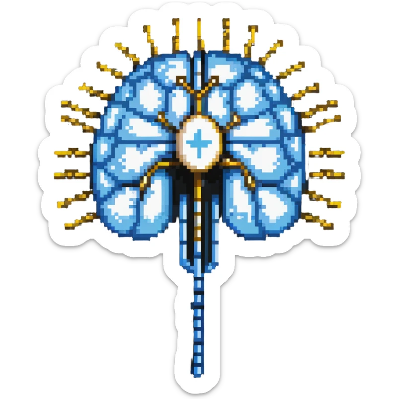 Pixel art of a pearlescent blue capsule floating in front of a brain with golden pixel pulses forming neural connections. A small liver icon nearby, all rotating in a pixelated aura of mental focus sticker