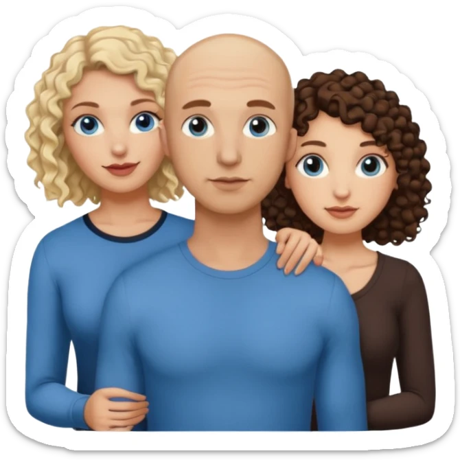 tattooed covered bbald brown eyed male with blonde haired blue eyed big boob female with brunette curly haired brown eyed big boob female throuple  sticker