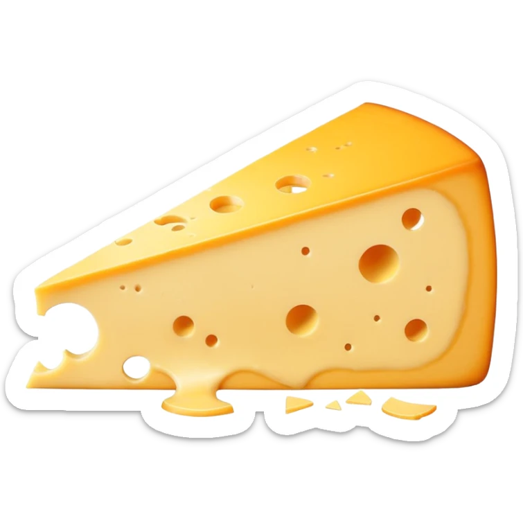 A wedge of yellow cheese with a single round hole and a thin cut slice leaning forward. sticker