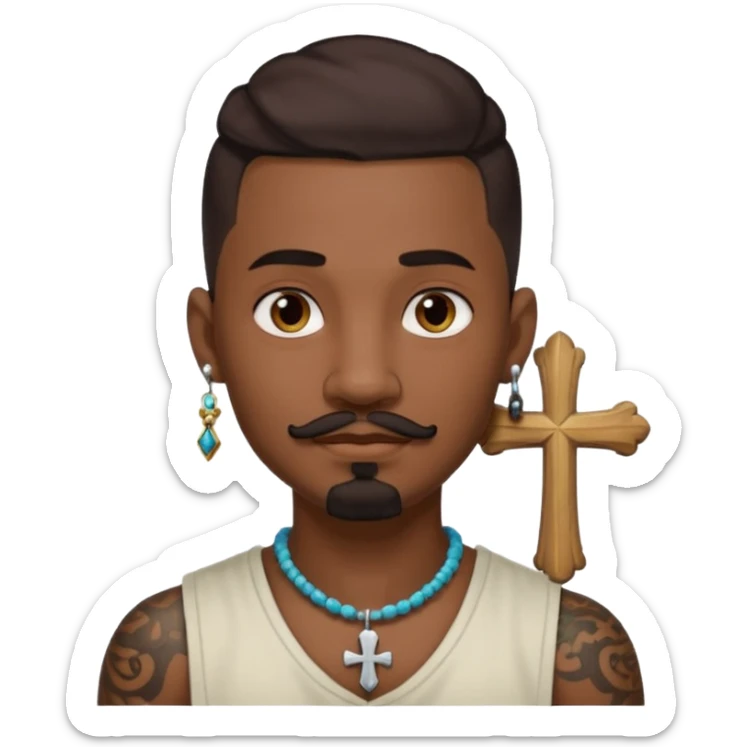 Deci creează mi un emoticon cu un băiat mai creol care are doar o coadă are cercel intr o ureche are tatuaje și barba cioc și mustața și are lanț la gât cu cruce sticker