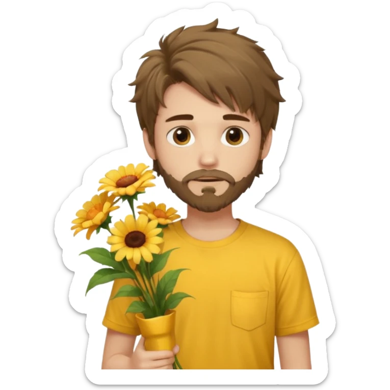 generate an ios genmoji of a 20 year old fair boy with brown long and messy hair with goattee beard on cheeks. carrying a flower bouquet, wearing a yellow tshirt, looking shy.  sticker