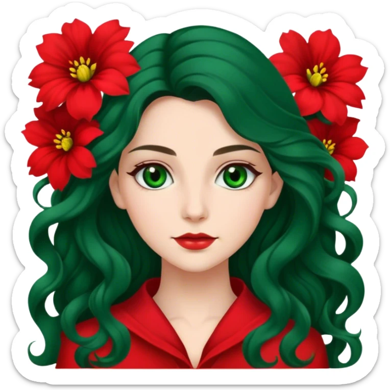 Dark green eyed women with long wavy hair red flower background red clothing sticker