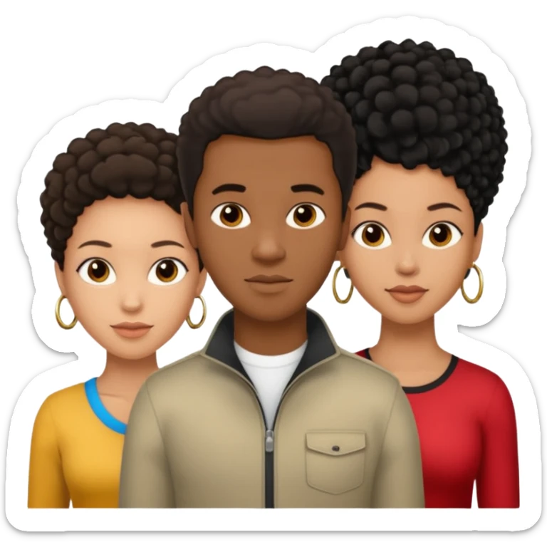 biracial half white half black American man with short brown hairwith two black african women both are African one is light skin black and one is medium tone black with african hair styles sticker