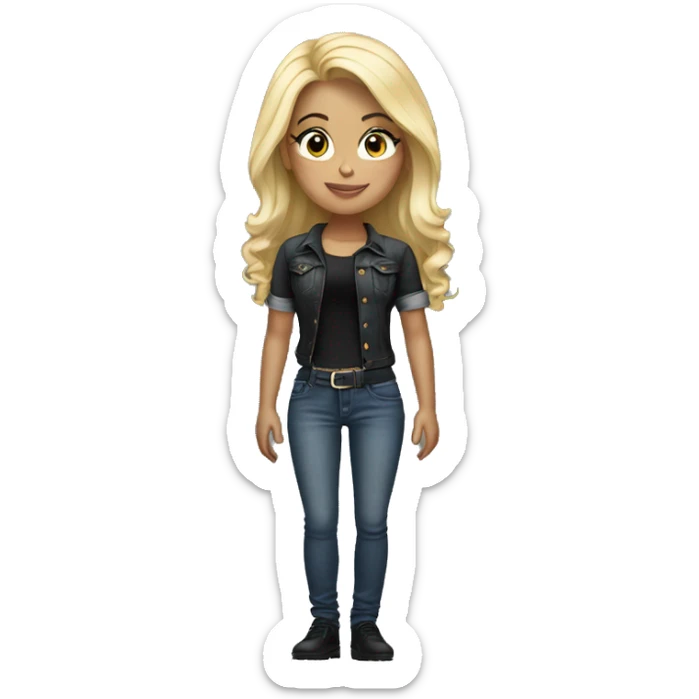girl blonde in ugah holds glass dressed in black top jeans sticker
