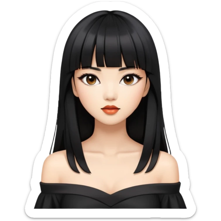 fashionable woman with Asian skin tone, long straight black hair with straight bangs, black off-shoulder outfit, and stylish makeup sticker