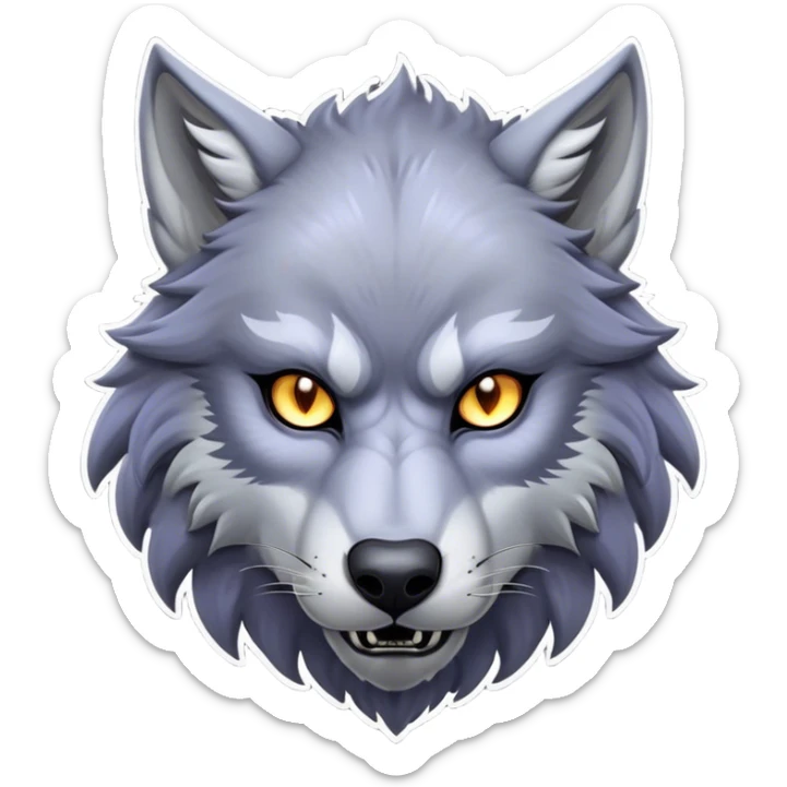 Cinematic Noble Werewolf Portrait Emoji, Formidable and majestic, with a powerful lupine silhouette in moonlit grays and silvers, featuring piercing, wise eyes and a dignified snarl that hints at untamed strength, simplified yet intricately detailed, glowing with a soft, lunar outline that encapsulates the noble duality of feral instinct and loyal guardianship! sticker