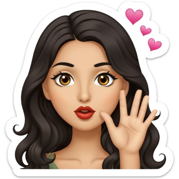 woman with olive skin, brown eyes and long lashes, and long black wavy hair blowing kiss sticker