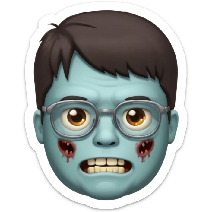 An emoji of a slightly chubby male zombie with dark brown hair and bangs down to his eyebrows, wearing square, bluish glasses. sticker