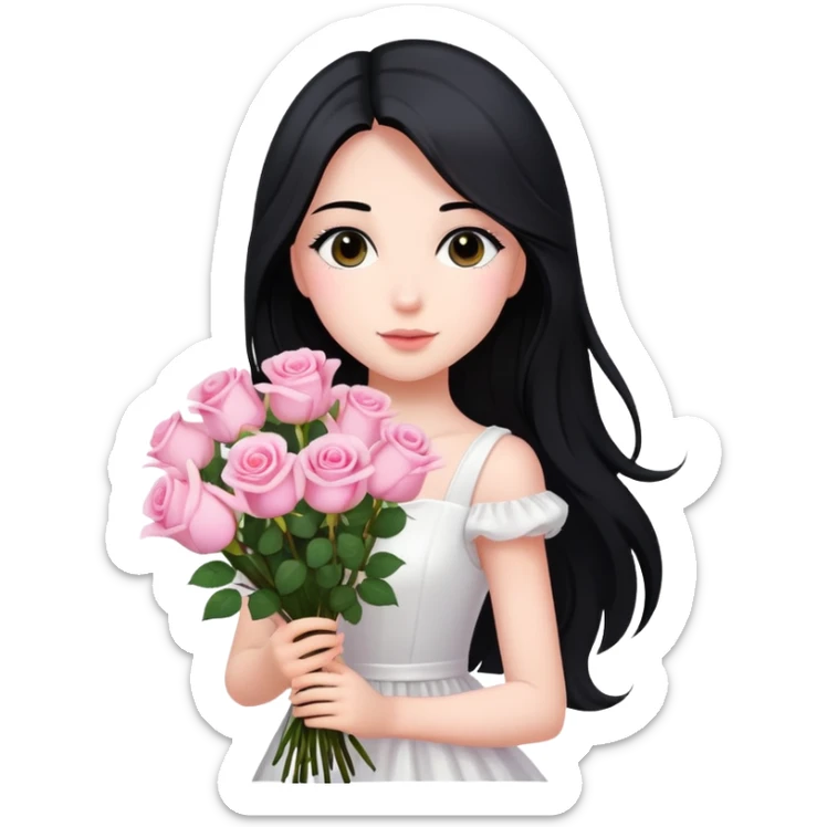 A beautiful girl with long black hair and a white dress is holding a bouquet of pink roses sticker