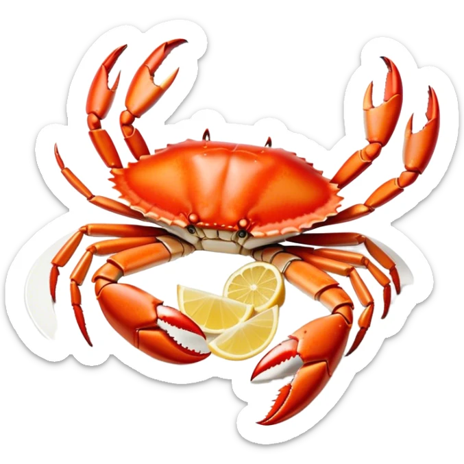 Cinematic rich crab legs, bright red shell glistening, cracked open to reveal tender white meat, warm golden highlights, detailed and delicious. sticker
