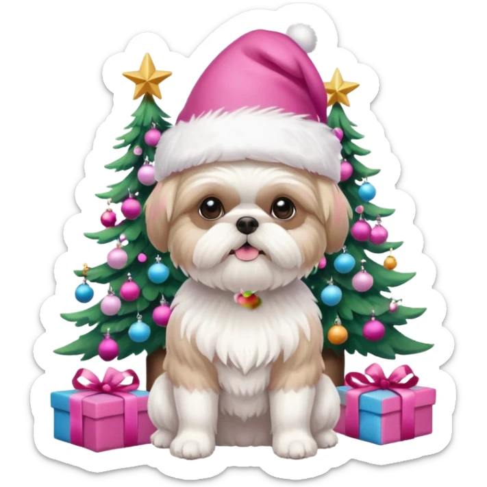one little white all over shih tzu dog with pink santa hat with short hair sitting next to pink christmas tree sticker