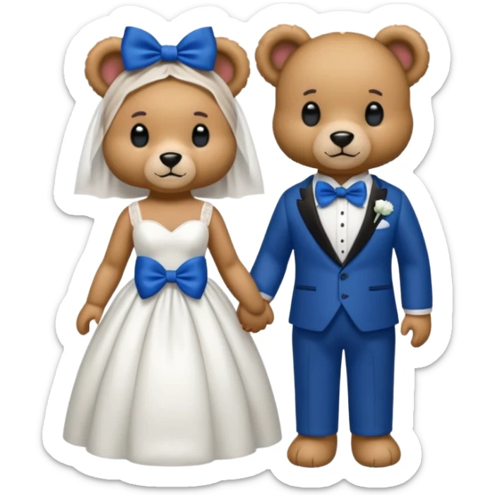 Teddy bear wearing white wedding dress holding the hand to another teddy bear wearing a big royal blue bow tie sticker