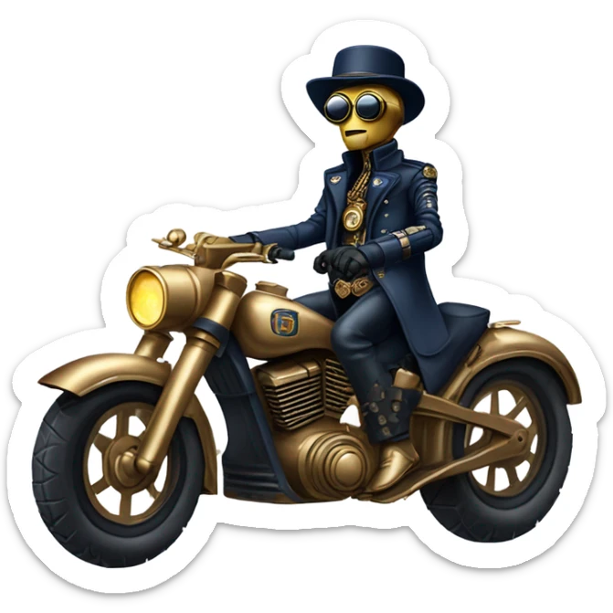 C-3PO wearing a pair of navy-blue sunglasses, hat, leather chaps, fringe jacket riding a steampunk motorcycle on ice  sticker