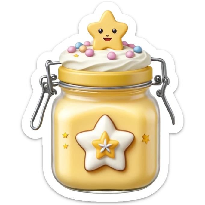 Una miniatura fotorrealista de una mantequilla corporal batida en un tarro, decorada con una pequeña figura sólida en forma de flor o estrella en la parte superior. Estilo: postre, arte, colores vibrantes. sticker