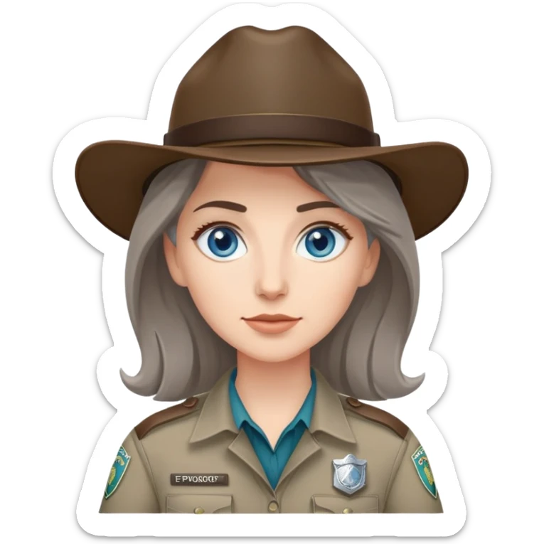 white woman park ranger with blue eyes and brown and gray hair sticker