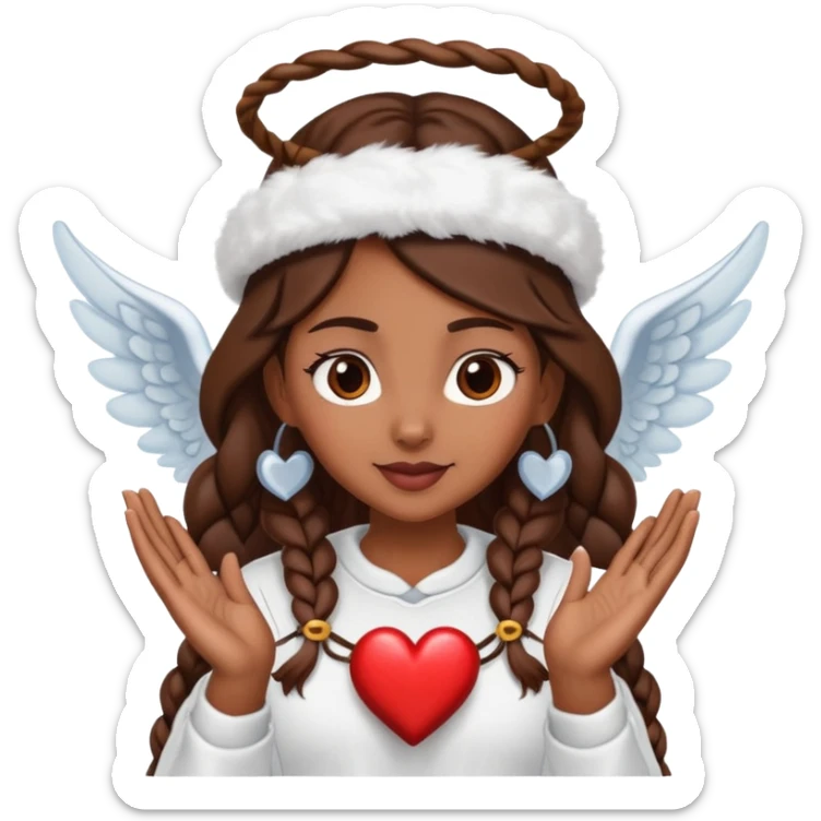 Femme de couleur marron cheffe aux cheveux bruns tressé longs, portant une toque, avec à la fois un halo d'ange et des cornes de diable sur la tête, faisant un cœur avec ses mains sticker
