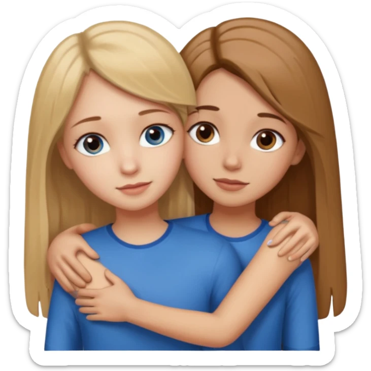 Two girls are hugging. One has dirty blonde hair with a little reddish in it. She has also blue eyes. Her hair is long and straight. The other girl has dark brown hair with hazel eyes sticker
