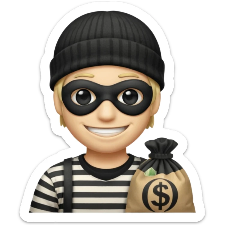 smiley robber wears black eye mask, black beanies and black and white stibes shirt with one money bag beside him sticker