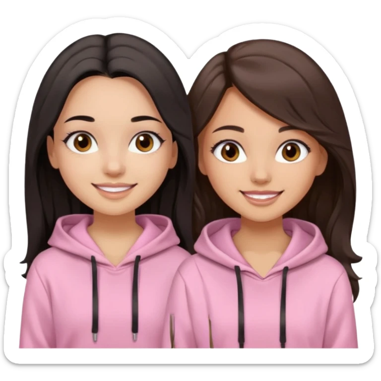 A pretty girl with light skin and long straight black brown hair, wearing a very light pink basic hoodie with brown eyes and makeup and a round face with another girl with tan skin and very wavy brown hair sticker