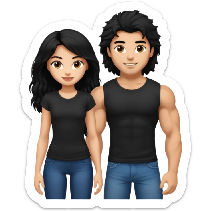 a pretty bratz guy with black hair with big muscles and shaggy hair in a tight black tee smiling standing with a girl sticker