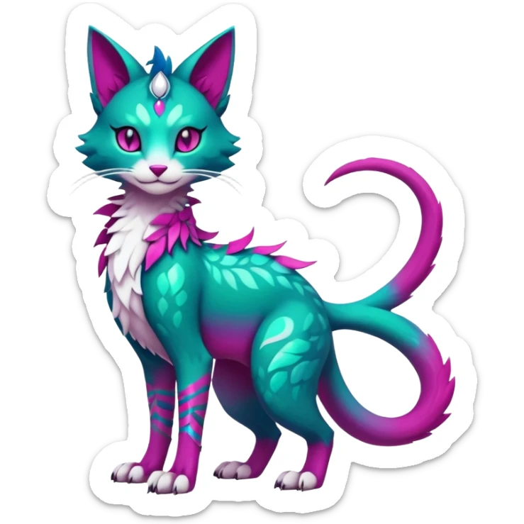 Kawaii cute colorful iridescent dark-turquoise-green and magenta and white beautiful pretty elegant divine edgy feline-vernid-sergal-Fakémon-Pokémon-fursona-animal-creature with accessories, full body, with intricate detailed markings sticker