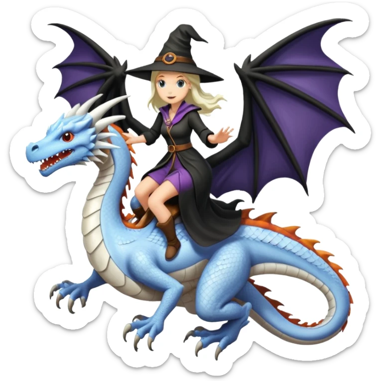 Large white dragon flying with a witchy female rider on top of it sticker