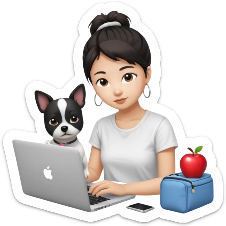 Asian girl with messy bun hair, wearing a white t-shirt, working on an Apple laptop, next to her is a small black and white dog sticker
