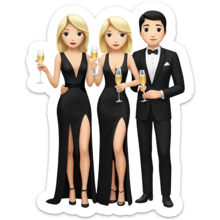 Blonde woman, black, Long, tight, sleveless Dress, Slot left Leg, man, DARK Hair, in Dinner jacket, Background bedroom, drinking champaign sticker