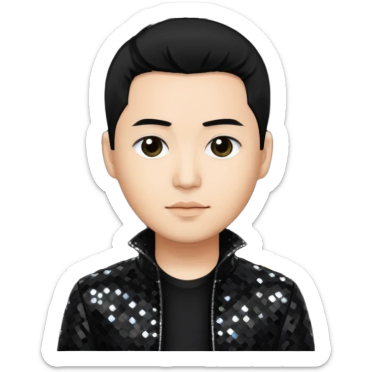 Joe Hahn from Linkin Park with black hair, light skin, black sequin outfit sticker