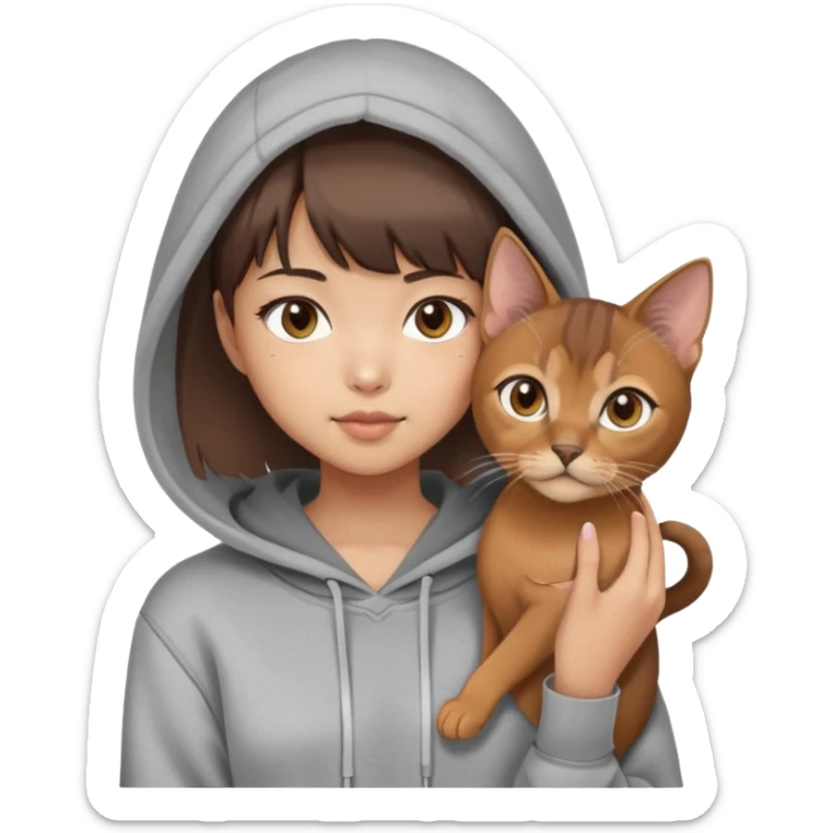 a asian girl with short brown hair and bangs holding an Abyssinian cat， wearing grey hoodie sticker