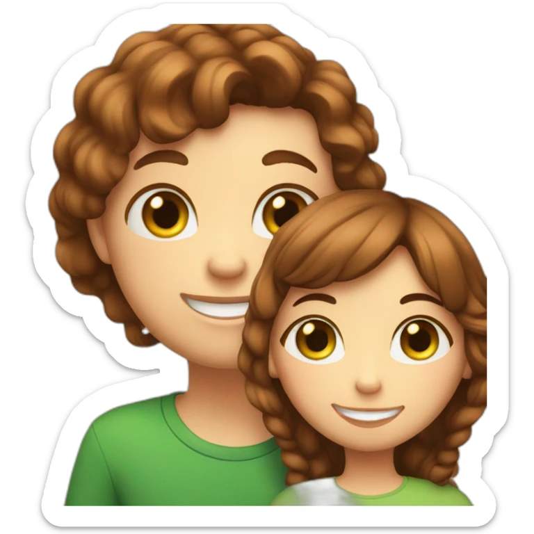 Girl with brown hairs. boy with brown hairs and green eyes and hugs brown fat cats sticker