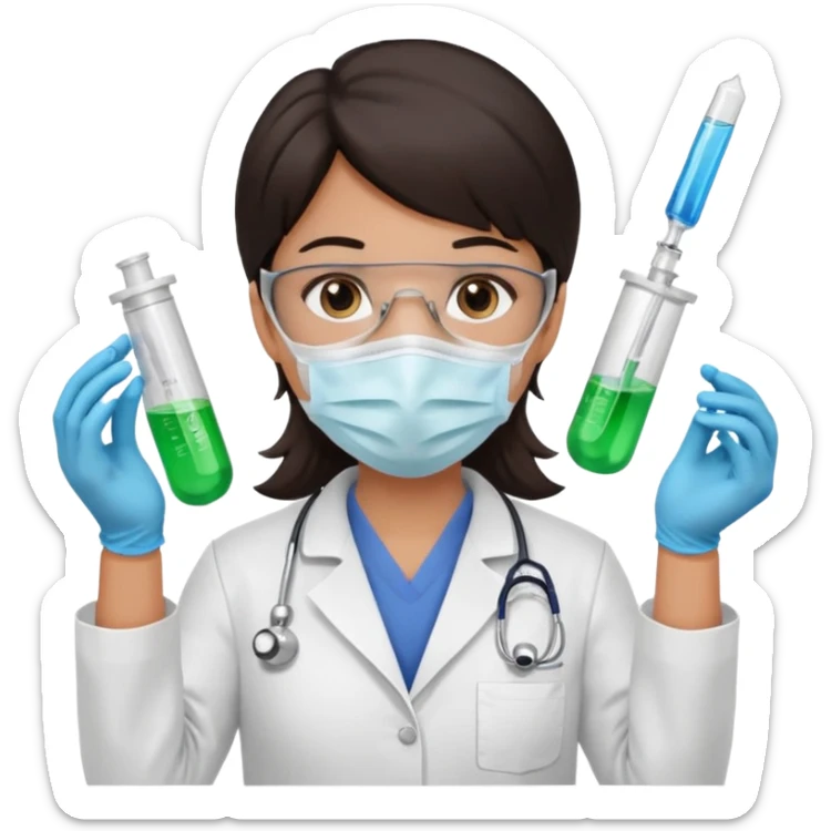 medica con guantes  y mascarilla e insumos laboratorio reactivo jerigan tubos  pelo negro largo triguella sin testoscopio sticker