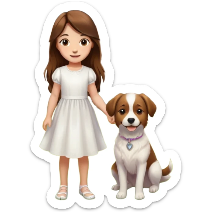 1girl, dog, dress, brown_hair, outdoors, realistic, grass, flower, sunlight, looking_at_viewer, smile, solo, long_hair, brown_eyes, white_dress, house, standing, day, animal sticker