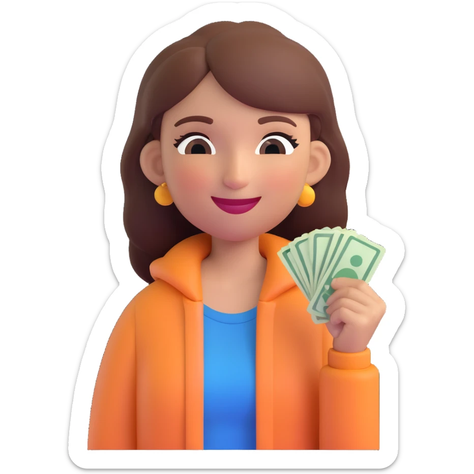 memoji of a stylish girl with charisma, showing tired happiness, smiling with one eye half-closed, in comfortable modern clothes, holding cash or cards sticker