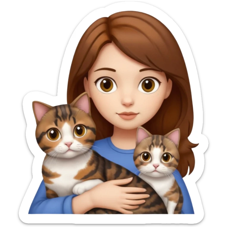 girl with brown hair holding two cats, one tortoiseshell cat and one Scottish cat sticker