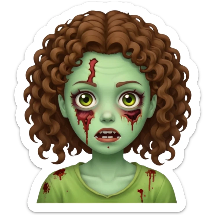 Zombie girl with curly brown hair como emoji de iphone y con la boca un poco lastimada  sticker