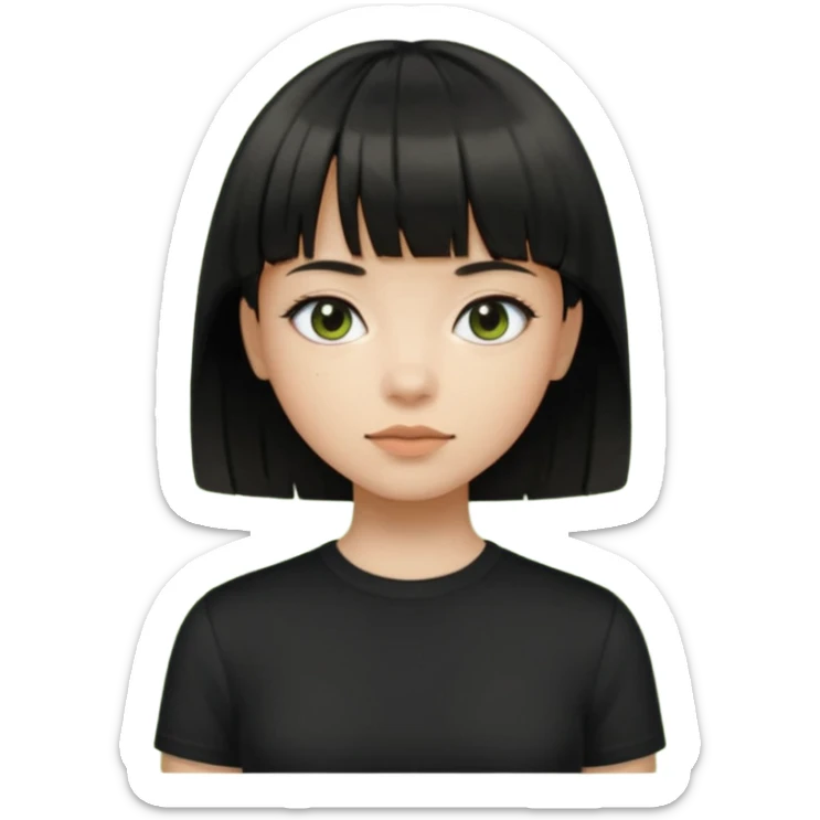 Emoji zombie girl verde com cabelo preto liso  curto com franja com uma blusa preta sticker