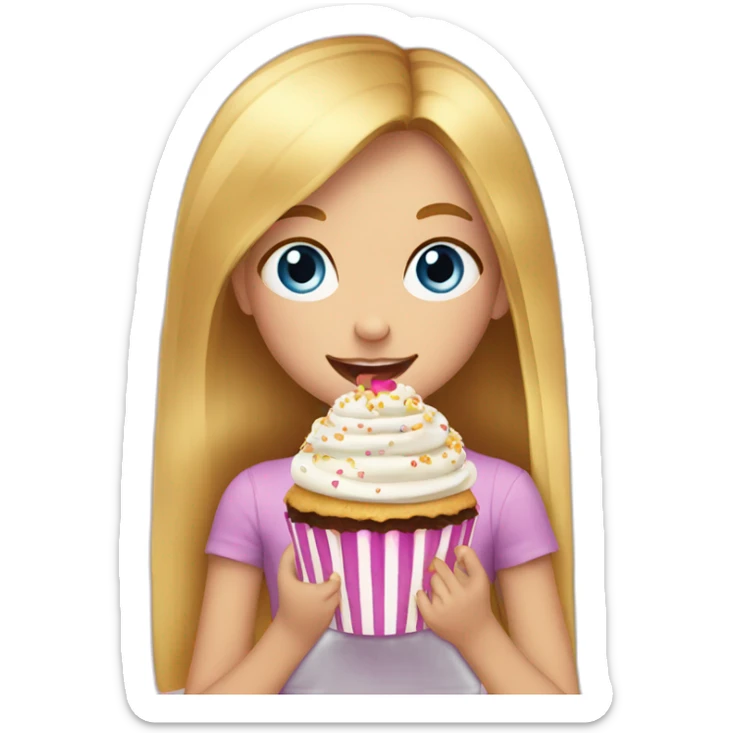 4-years old girl with golden straight hair and blue eyes eats cupcake sticker