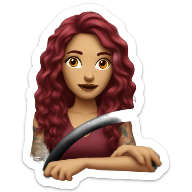 Beautiful tattooed burgundy long haired woman driving a car sticker