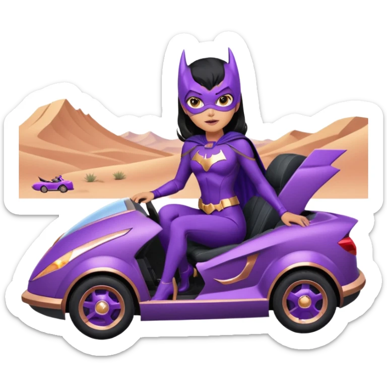 Hot full size real-appearance racing action BatGirl’s feminine midnight-purple tight outfit sixty’s tv show 1992 stealth retro cat burglar sporty petite off-road pursuit hovering hover cruiser car rose gold accents (black hair,reclined and relaxed seating position and attitude) desert sticker