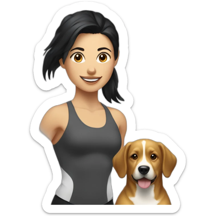 crossfit woman with black hair, white and doing lowering. And a golden race dog at her side sticker