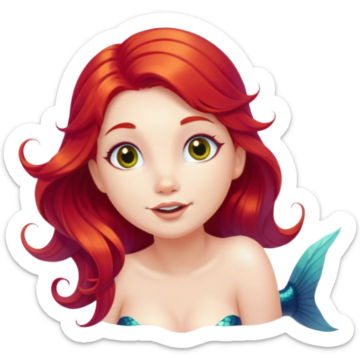 Cinematic Realistic Red Hair Mermaid Portrait, head tilted playfully and inquisitively, showcasing an ethereal form with finely detailed, flowing red hair against luminous porcelain skin. Her bright, curious eyes sparkle like hidden gems beneath the gentle caress of underwater light, rendered with lifelike clarity and warm, filtered illumination—capturing the essence of a spirited mermaid ready to splash playfully into your imagination. sticker