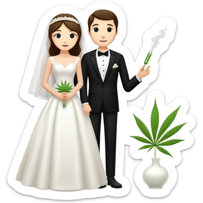 A bride in white wedding dress and groom in tuxedo, full body, sharing a cannabis joint, wedding couple sticker