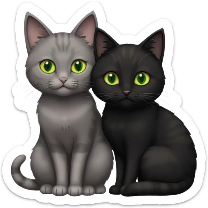 1 grey cat with green eyes and 1 black with yellow/green eyes cat cuddling sticker