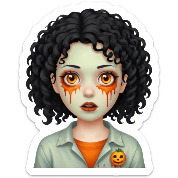 Faça uma garota zumbi de cabelo cacheado preto e uma mecha descolorida meio alaranjada do lado esquerdo sticker