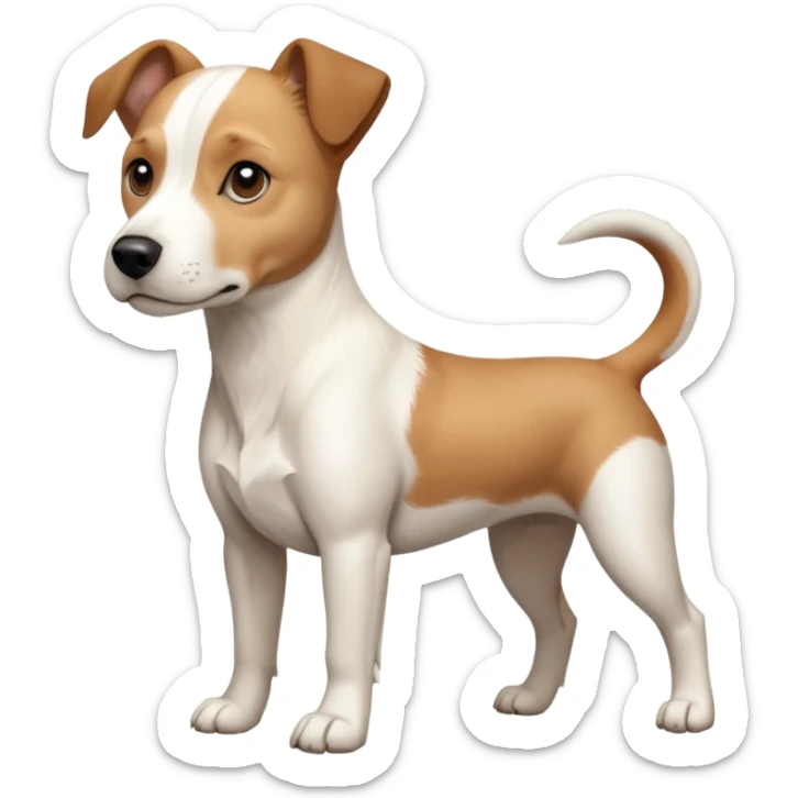 a full body facing front on of a buff white beagle cross jack russell terrier looking dog the size of a kelpie with light brown long ears resting on its face and a light brown patch above one eye and a large snout. the rest of the dog is completely white.  sticker