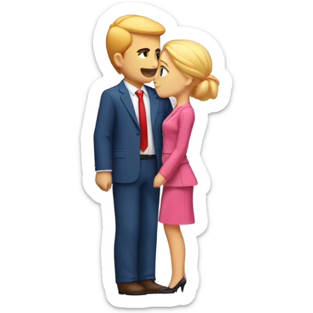 Man with orange skin blonde hair and a blue suit with red tie kissing girl with blonde hair wearing pink sticker