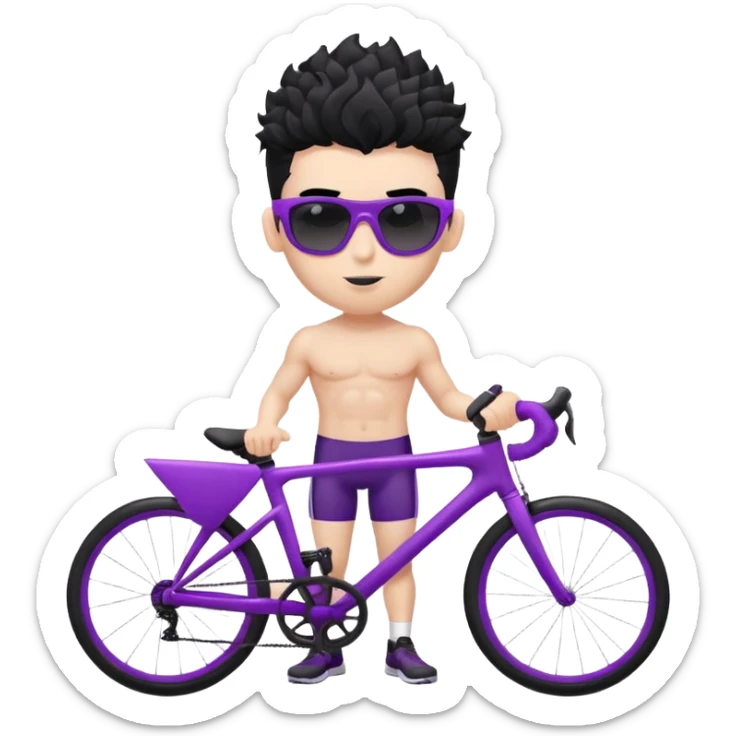 shirtless male athlete with white skin and moderately curly black hair on top with shaved sides, wearing purple bike sunglasses with black tinted lenses sticker